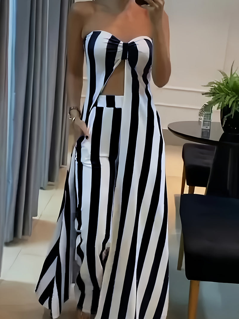 Women's Off-Shoulder Pantsuit with Side Pockets, Featuring Striped Prints.