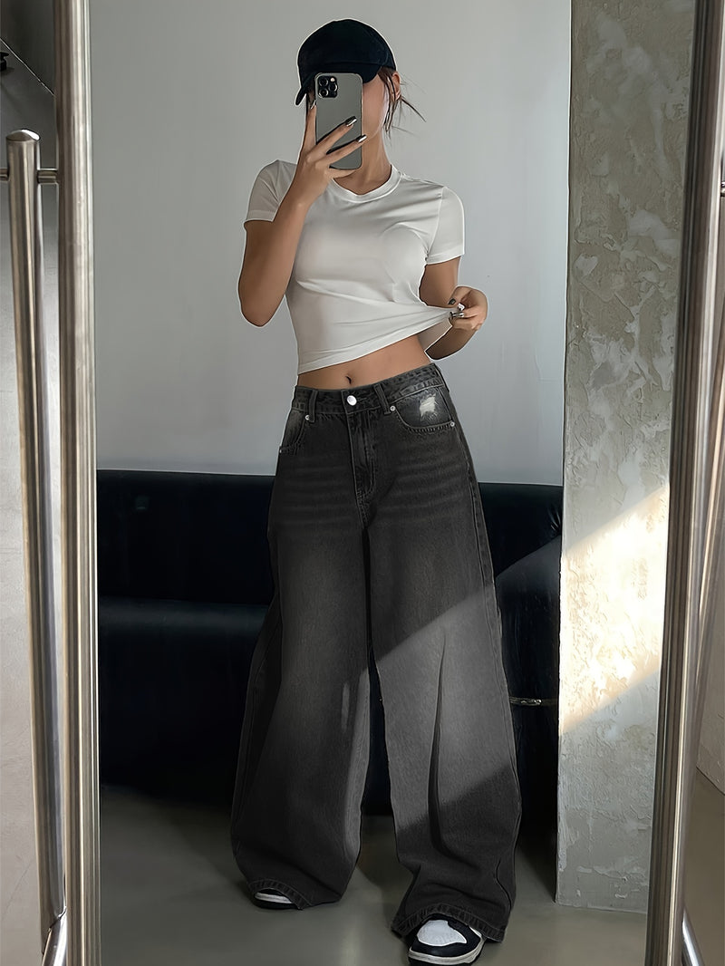 Women's New Washed Blue Wide-Leg Ultra-Long Floor-Length Ripped Loose-Fit Wide-Leg Casual Jeans.