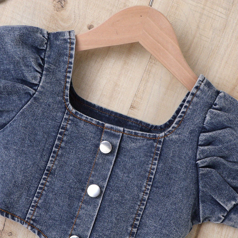 Girls Casual Trendy Stylish Y2K Denim Cropped Top & Shorts Set For Summer Holiday.