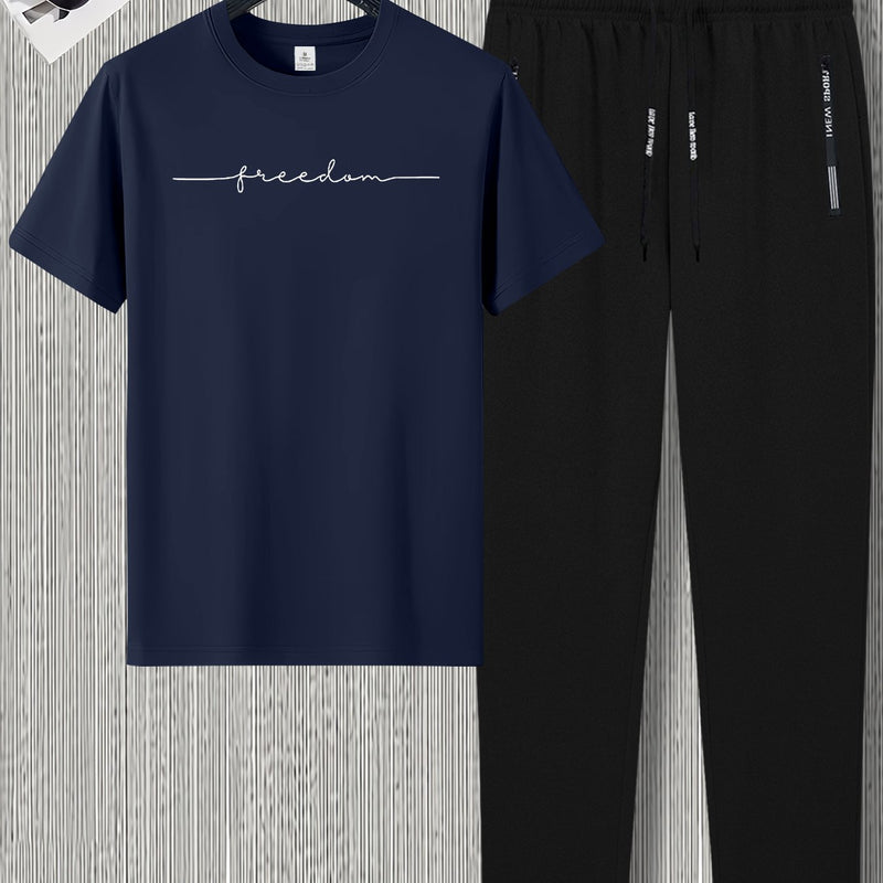 Men's Summer Design Short-Sleeve Set with Stylish Line Prints Paired.