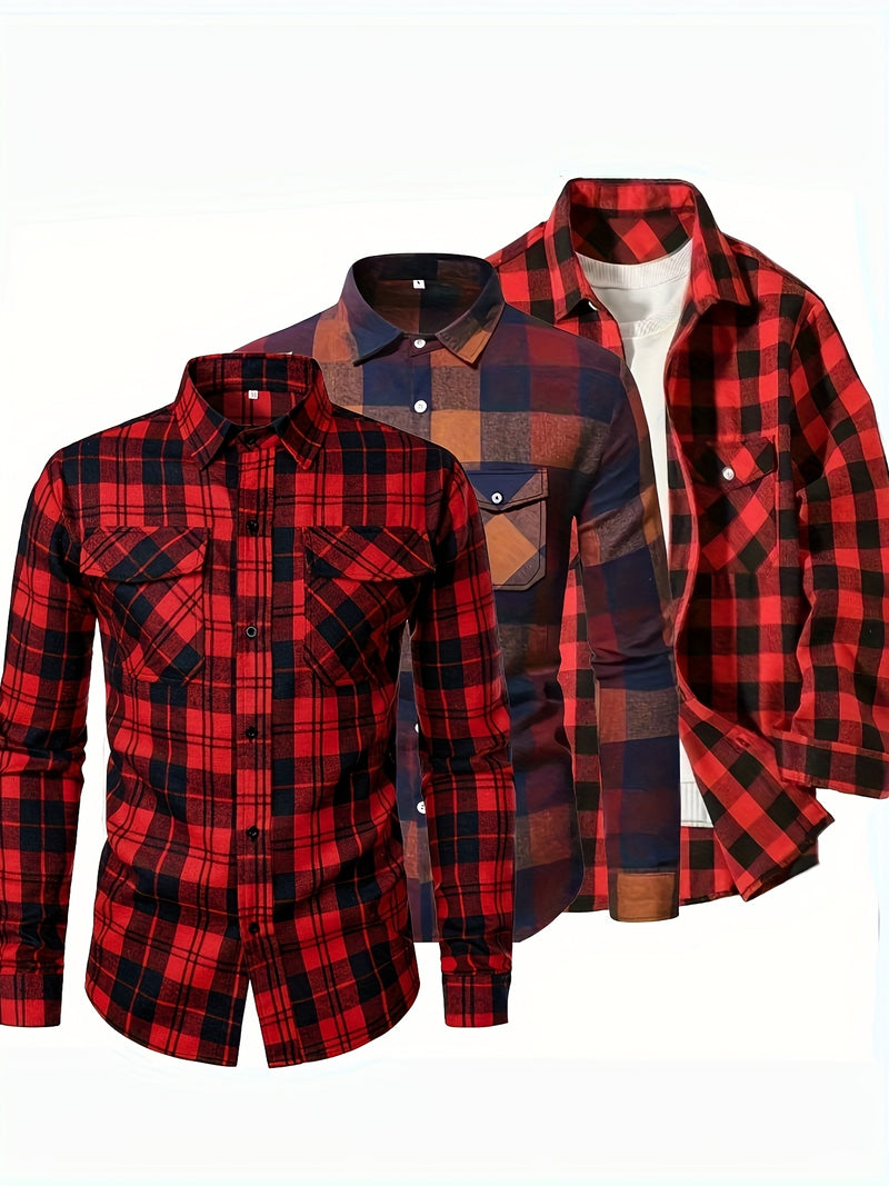 3pcs Men's Plaid Shirt Top with Turn- Collar Long Sleeve Button-Up.