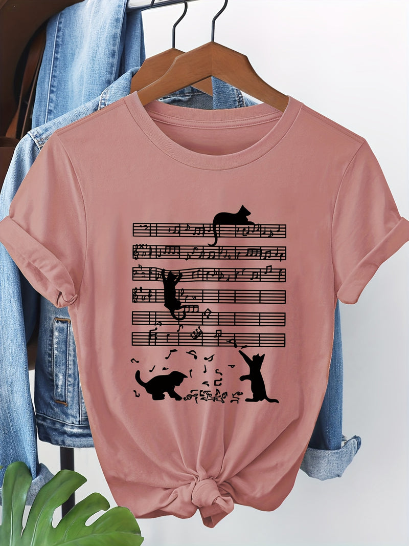 Women's Casual Short Sleeve T-Shirt with Music Note & Cat Print.