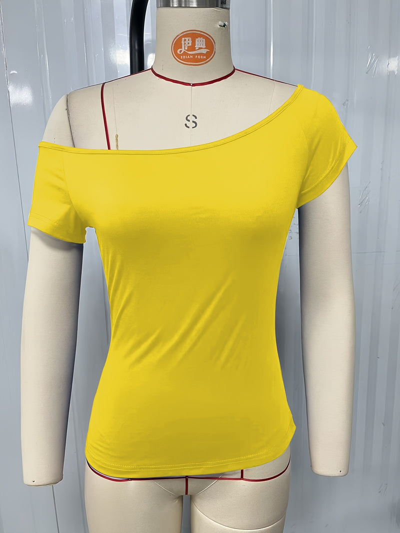 Women's Summer Casual Asymmetrical Off-Shoulder Solid Color T-Shirt.