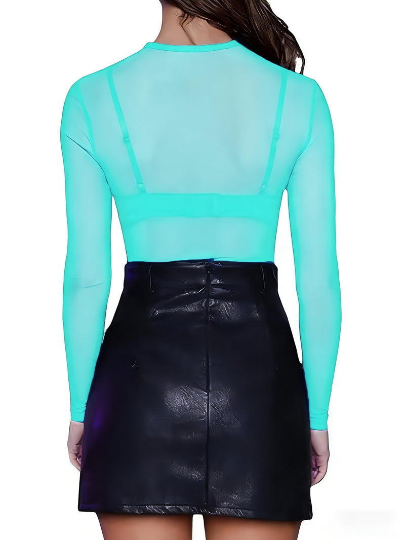 Women's Mesh Solid Color Sheer Sexy Stretchy Bodycon Thin Long-Sleeve Top.