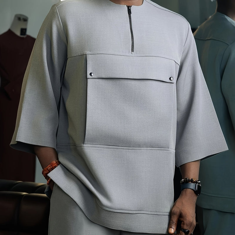 Men's Casual 2pcs Set, Round Neck, Short Sleeve, Zipper, Faux Pocket Design.