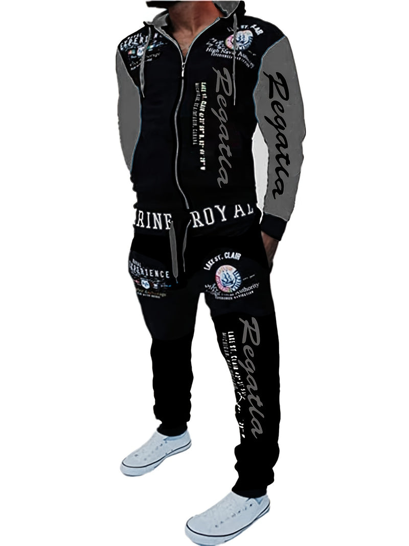 Men's Hooded Sweatshirt with Letter Print, Two-Piece Sports Running Outfit.