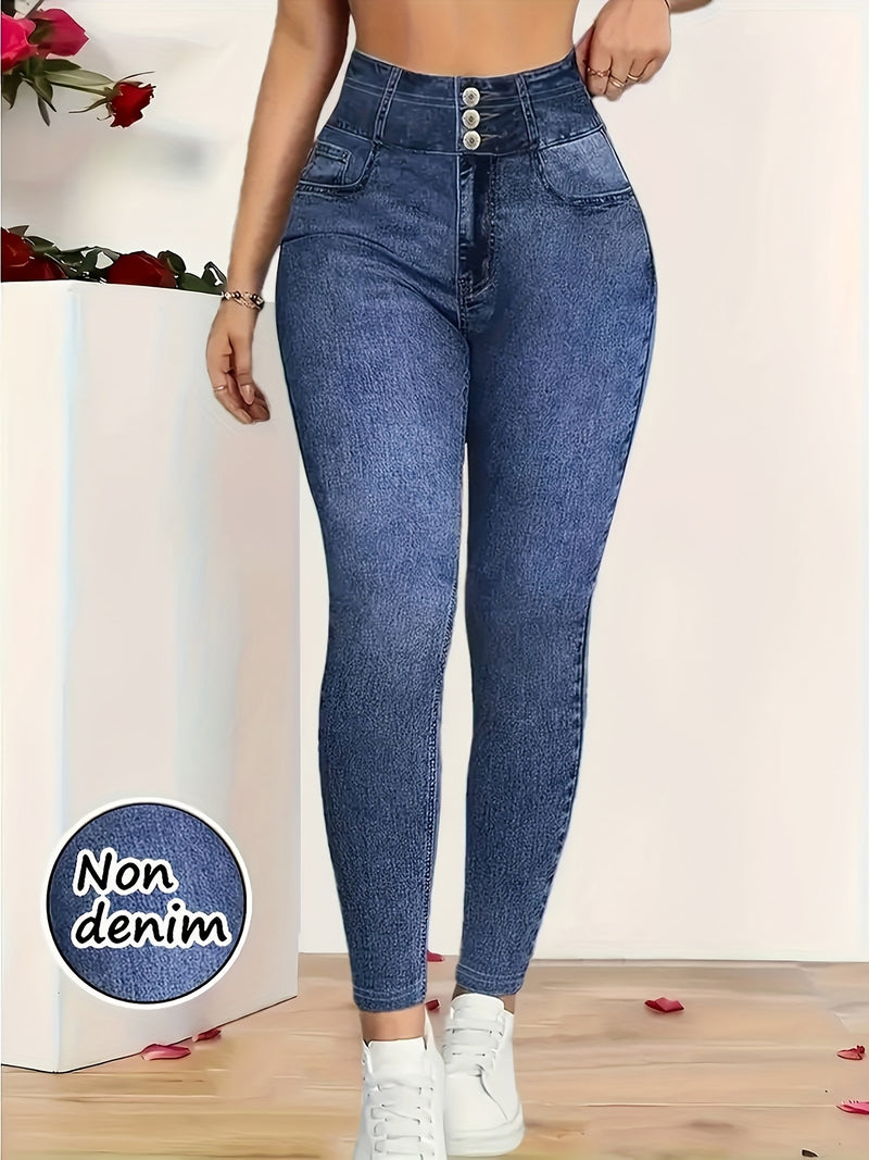 Women's Stretchy Faux Denim Printed Leggings with a Casual Matte Texture.