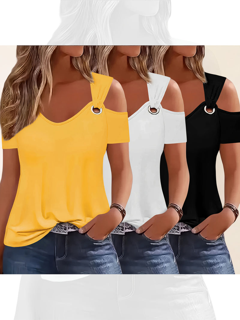 Three-Piece Summer Off-Shoulder Short-Sleeve T-Shirt for Women.