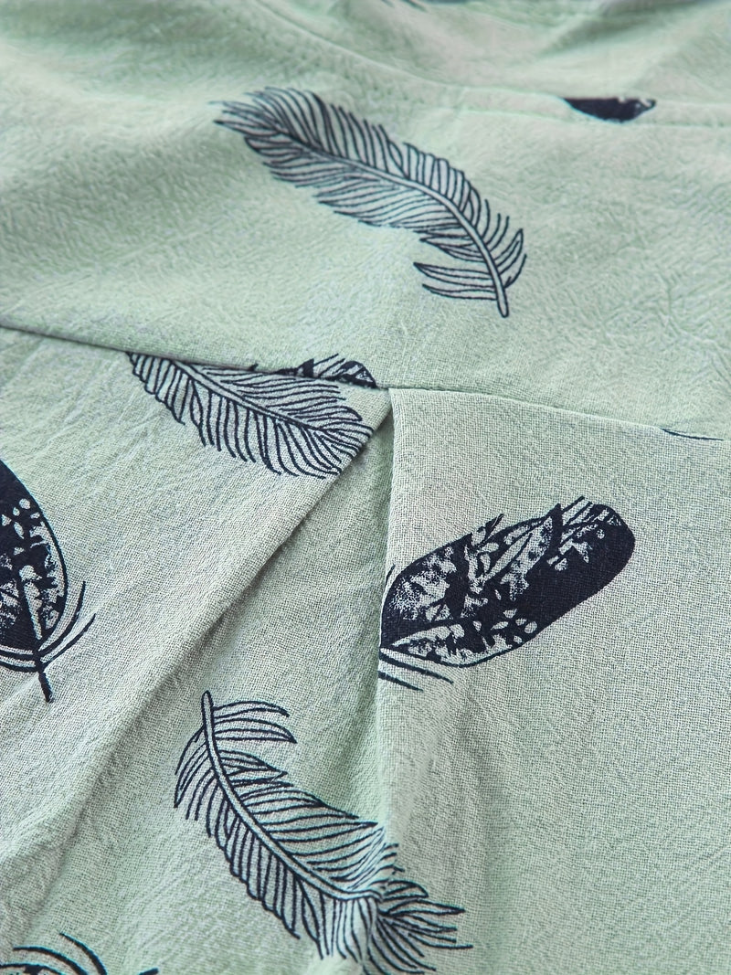 2pcs Boys' Casual Feather Shirt and Shorts Set Vibrant Yellow with Blue Accents.