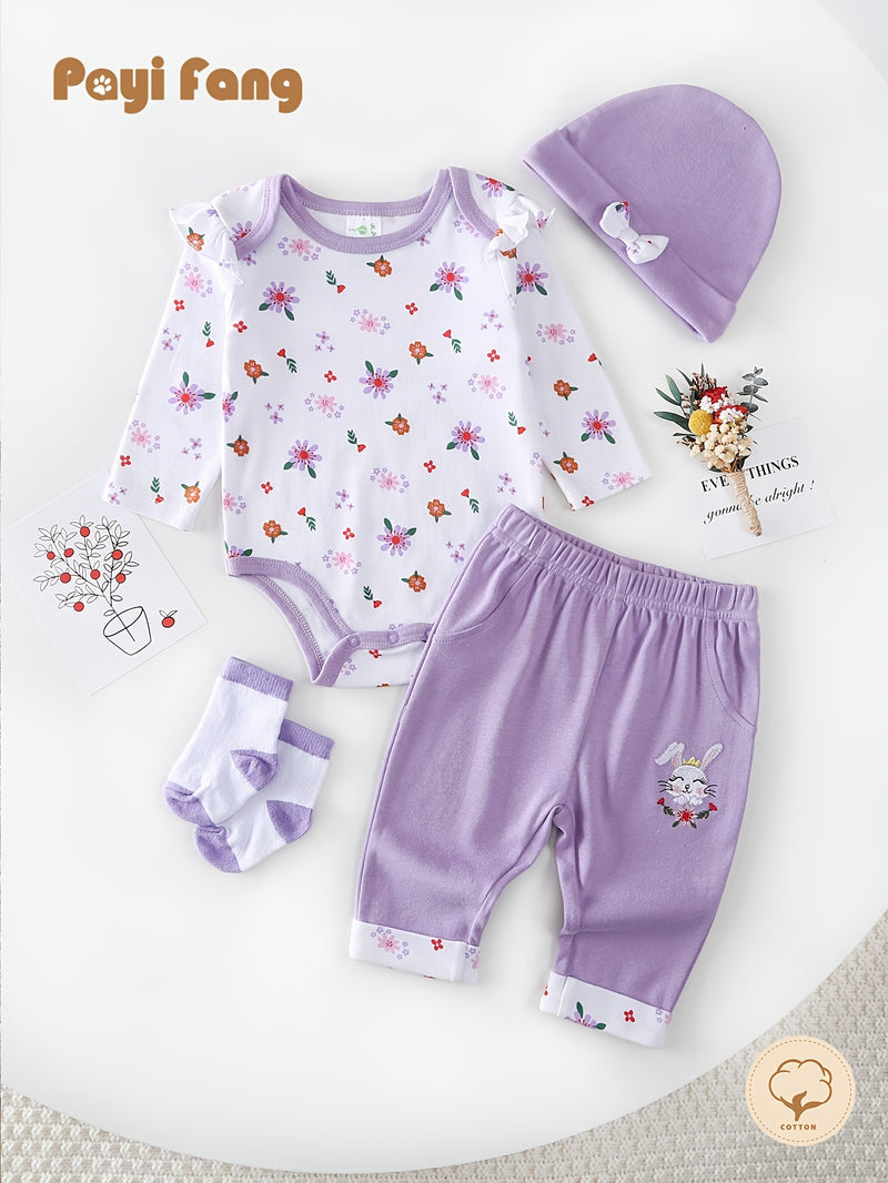Baby Long-Sleeved Triangle Romper Pants Hat Socks Set.
