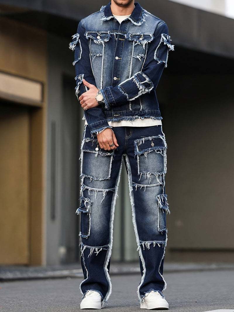 Men's High Street Style Distressed Raw Hem Patchwork Denim Set.