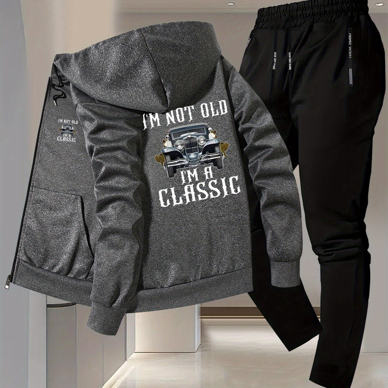 Men's Vintage Car Print 2pcs Suit Set - Slim-Fit Hooded Jacket & Pants.