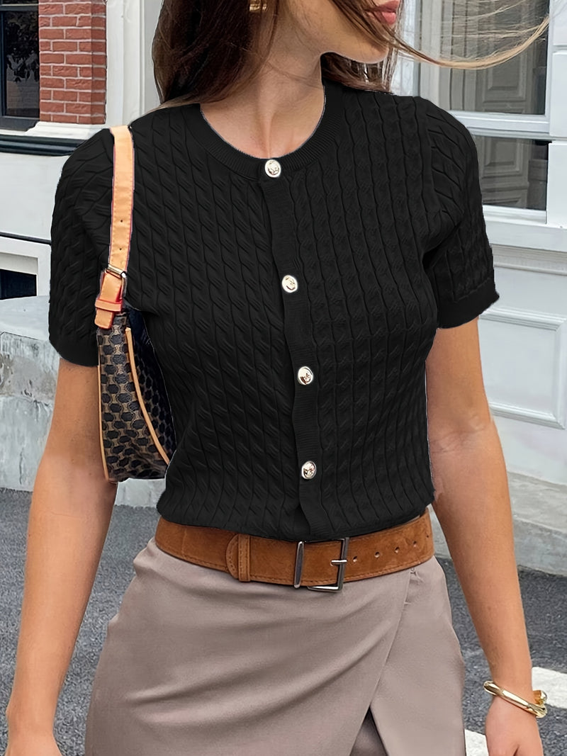 Women's Button-Front Solid Color Cable Blouse.