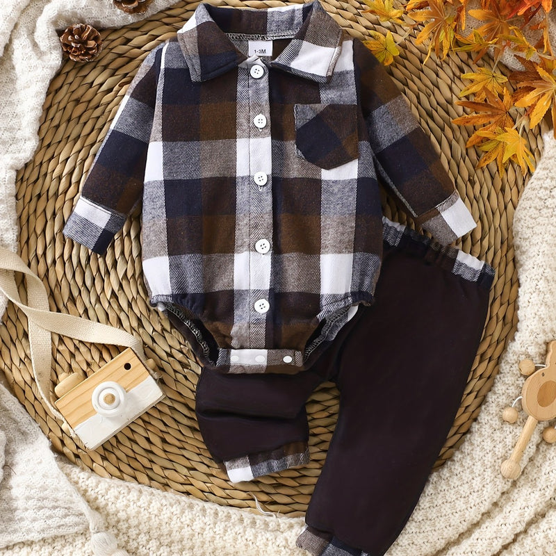 2pcs Boys Cotton Plaid Lapel Collar Button-Front Lapel Shirt & Pocket Pants.