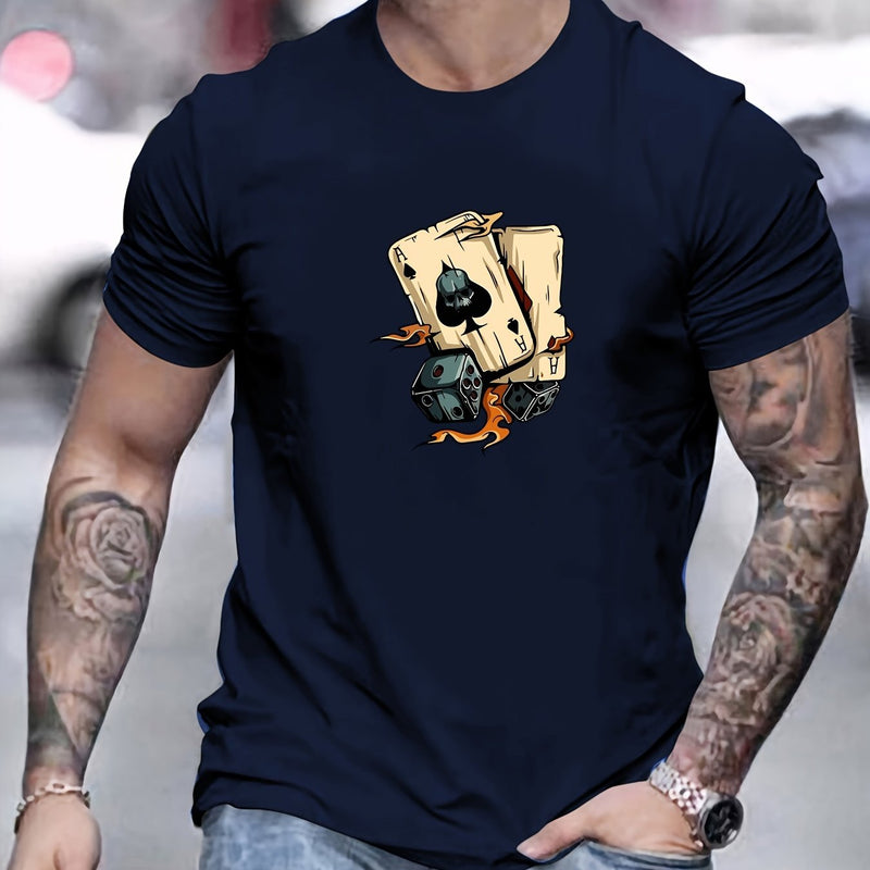 Men's Poker Card Pattern Summer Casual Crew Neck Short T-Shirt.