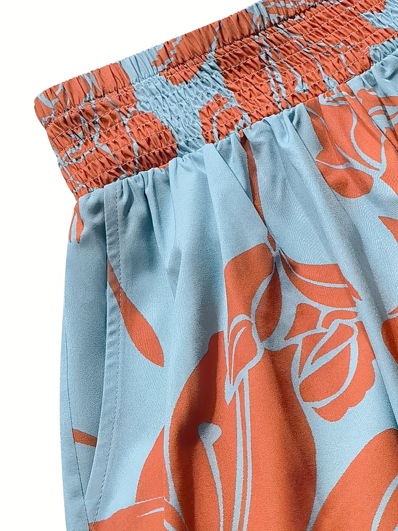 Women's Slim Fit Tank Top Floral Print Wide Leg Pants Two-Piece Set