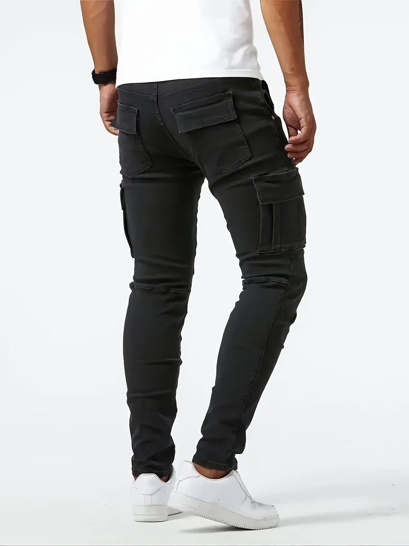 2pcs Men's Skinny Jeans Multi-pocket mid-waist stretch denim.