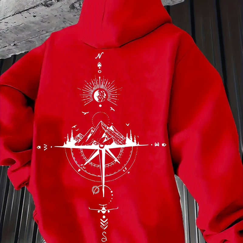 Men's Autumn/Winter Compass Print Hooded Sweatshirt.