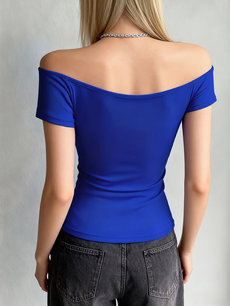 Women's Summer Casual Asymmetrical Off-Shoulder Solid Color T-Shirt.