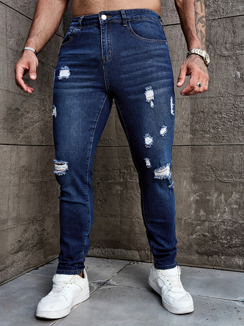 Men's Skinny Ripped Jeans Medium Stretch, Solid Color, All-Season Fit.