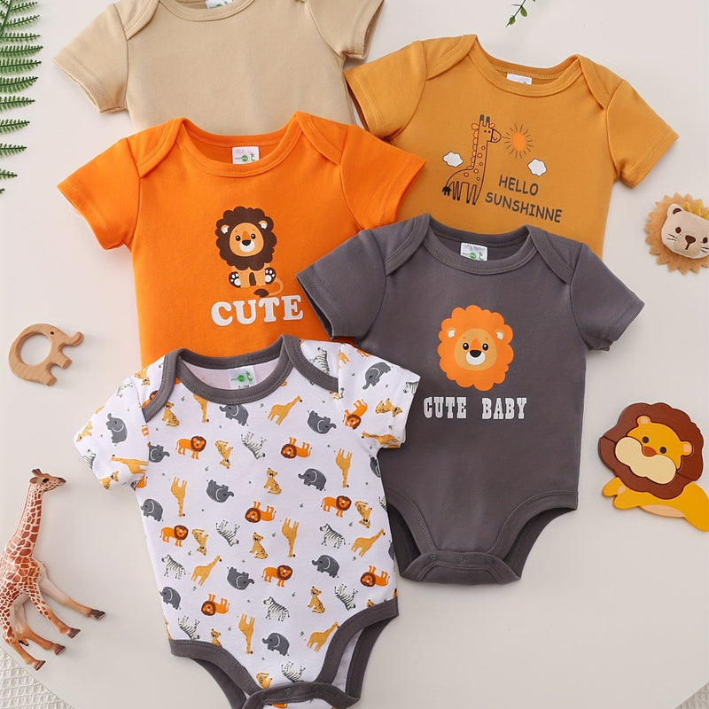 5pcs Set for Baby Boys Featuring a Cartoon Orange Lion Print.
