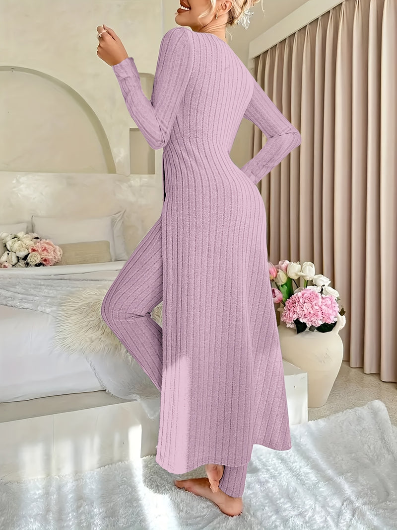 2pcs Women's Designer Round Neck Split Long Sleeve Top and Pants.