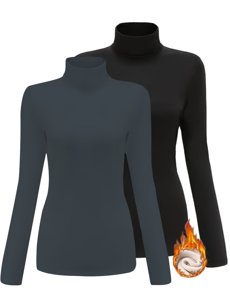 Women's High Collar T-Shirt Autumn And Winter Fleece Lining Warm Long-Sleeved.