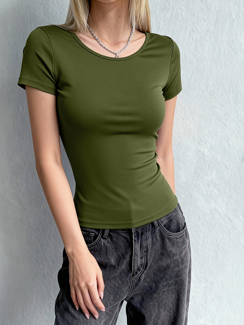 Women's Round Neck Solid Color Casual Versatile Basic T-Shirt.