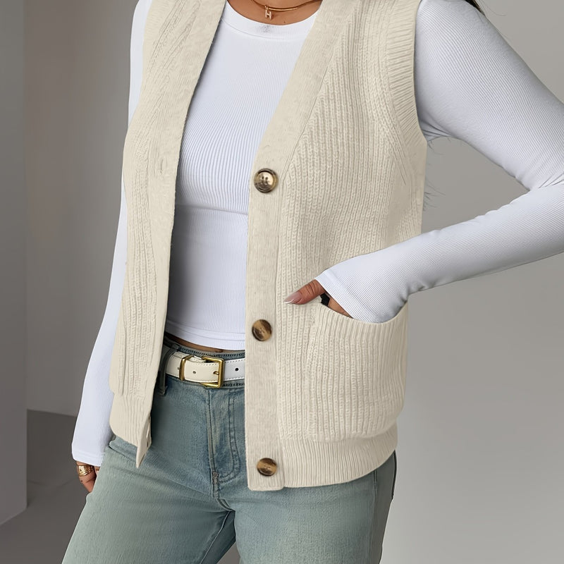 New Solid Color V-Neck Pocket Women's Sweater Vest.