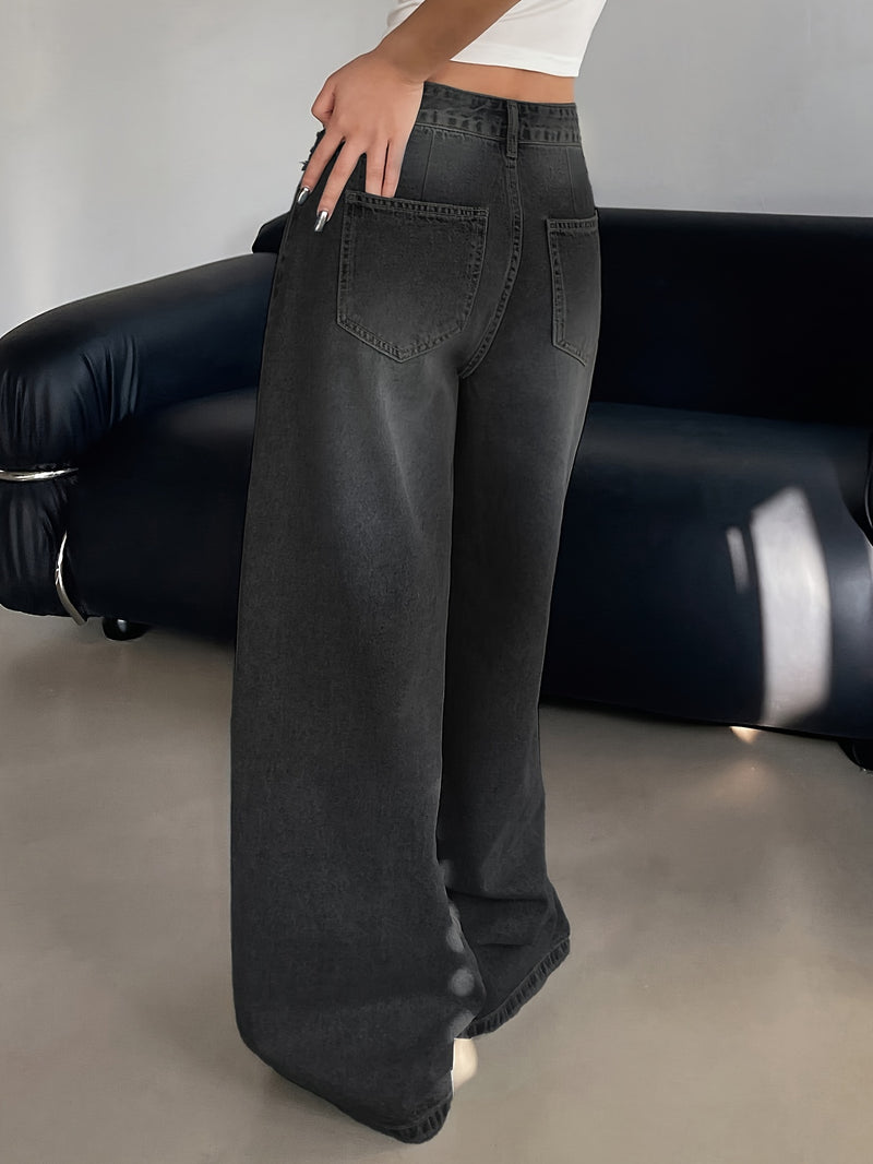 Women's New Washed Blue Wide-Leg Ultra-Long Floor-Length Ripped Loose-Fit Wide-Leg Casual Jeans.