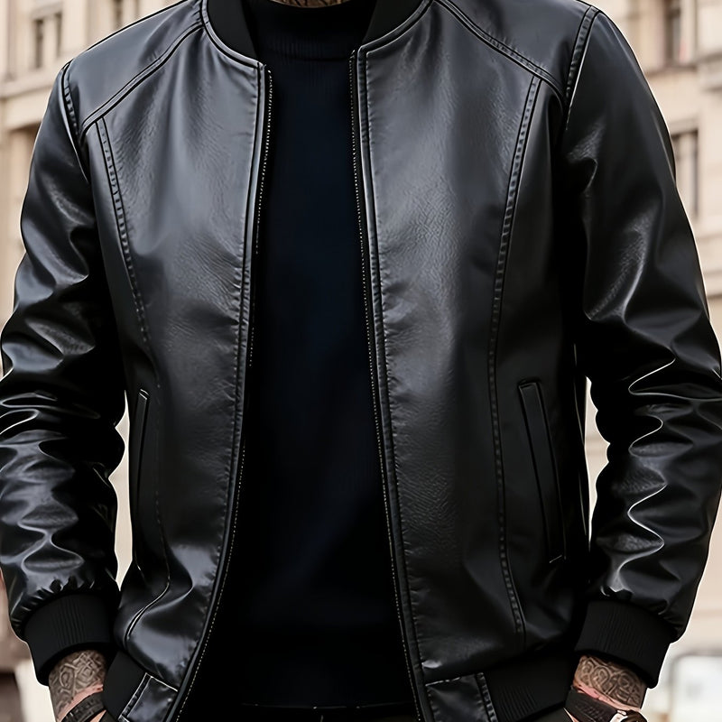 Men'S Fashionable Windproof Black Faux Leather Jacket | Zipper Closure.