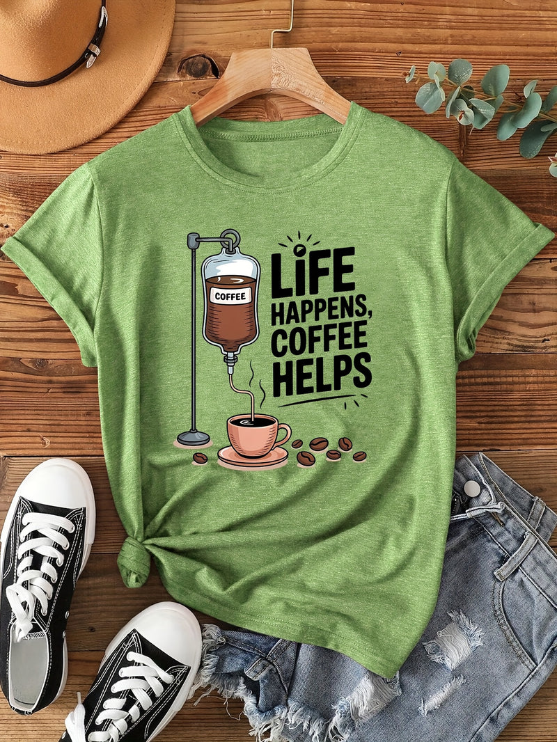 Women's Coffee-Themed T-Shirt with "Coffee Helps" Slogan.