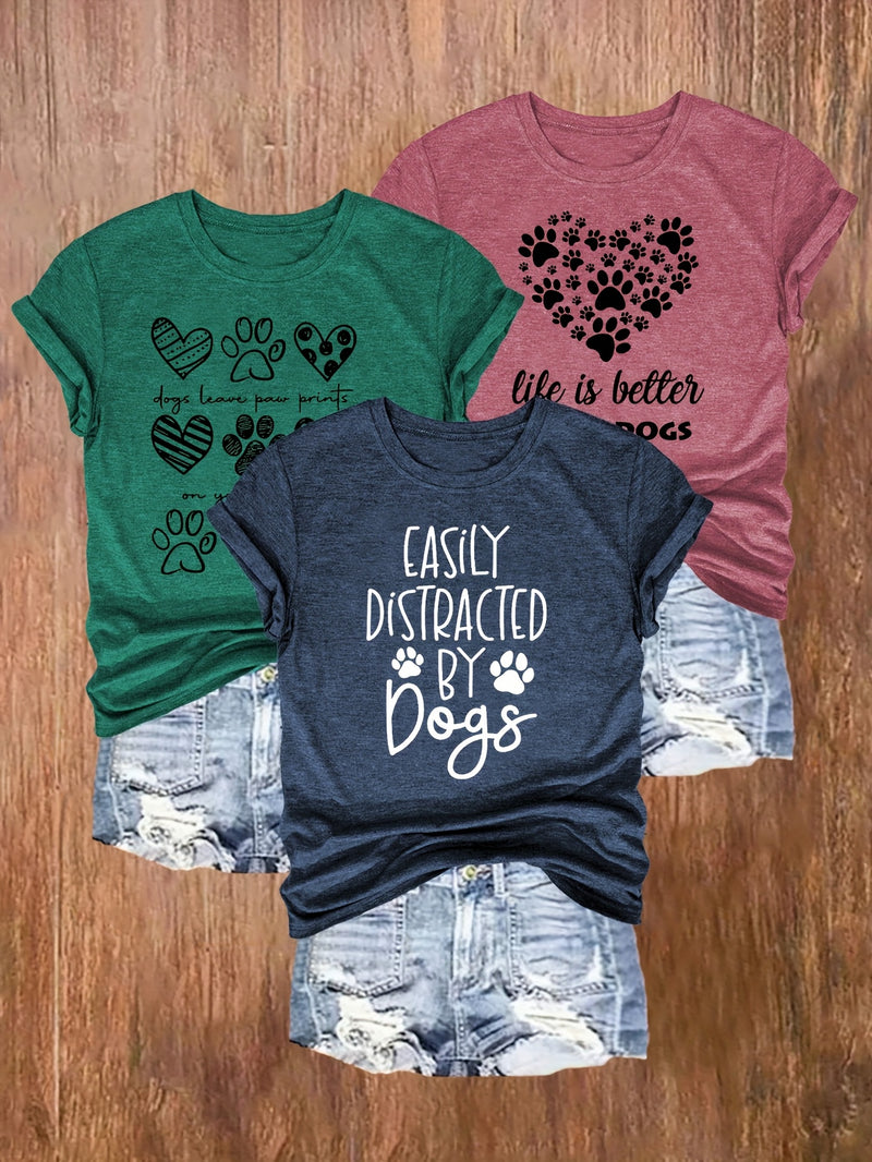 3pcs Women's Casual Dog Lover Graphic T-Shirts.