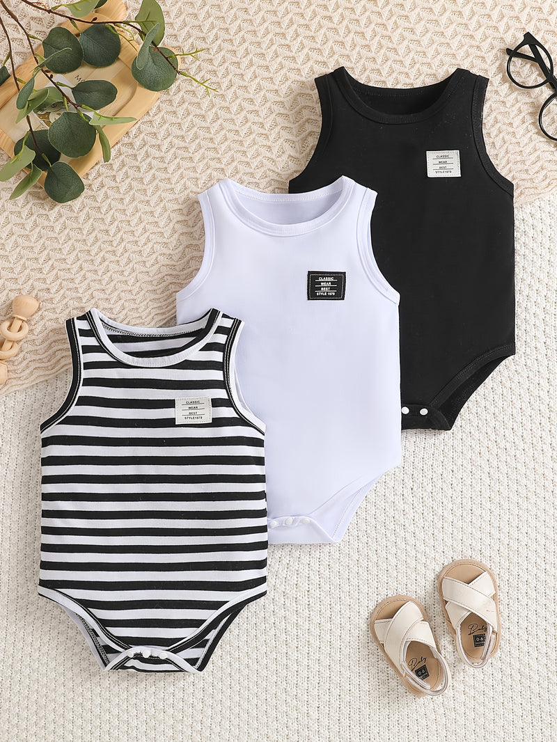 Baby 3pcs Set Bodysuit, Baby Summer Round Neck Striped Bodysuit.