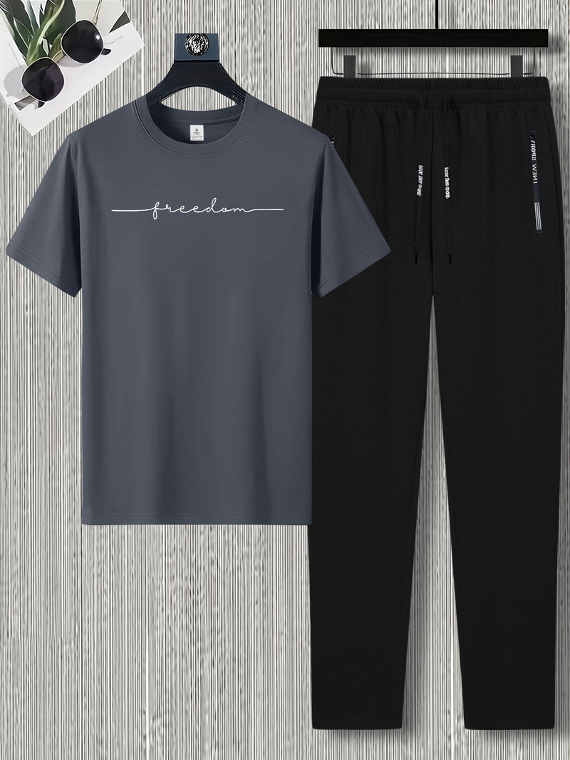 Men's Summer Design Short-Sleeve Set with Stylish Line Prints Paired.