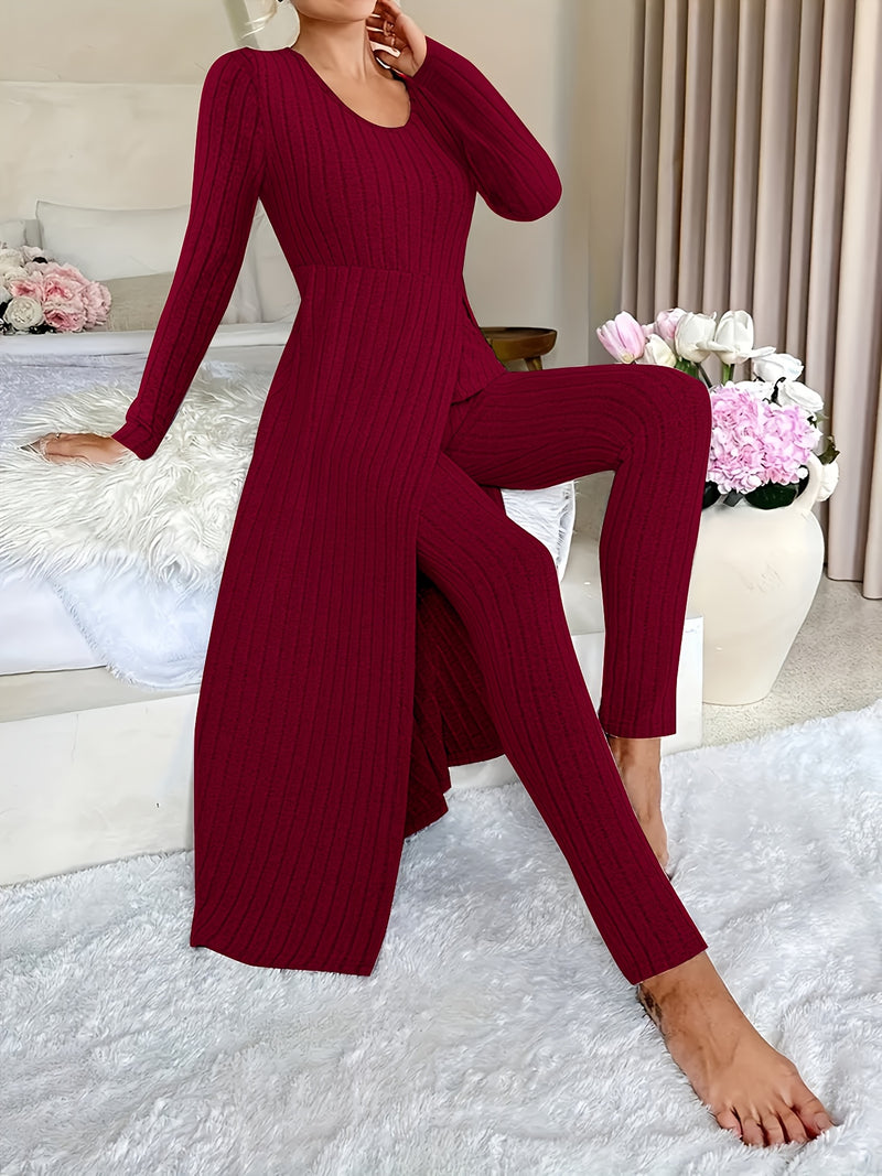 2pcs Women's Designer Round Neck Split Long Sleeve Top and Pants.