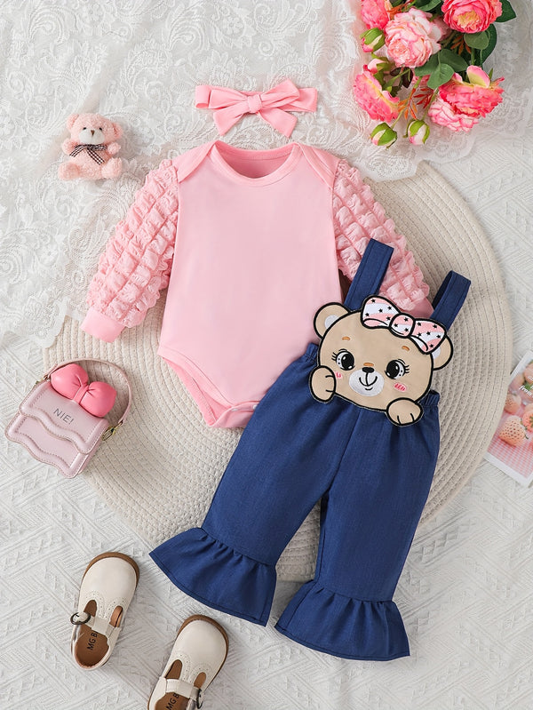 Hibobi 3pcs Denim Jumper Set with Bear Motifs for Baby Girls.