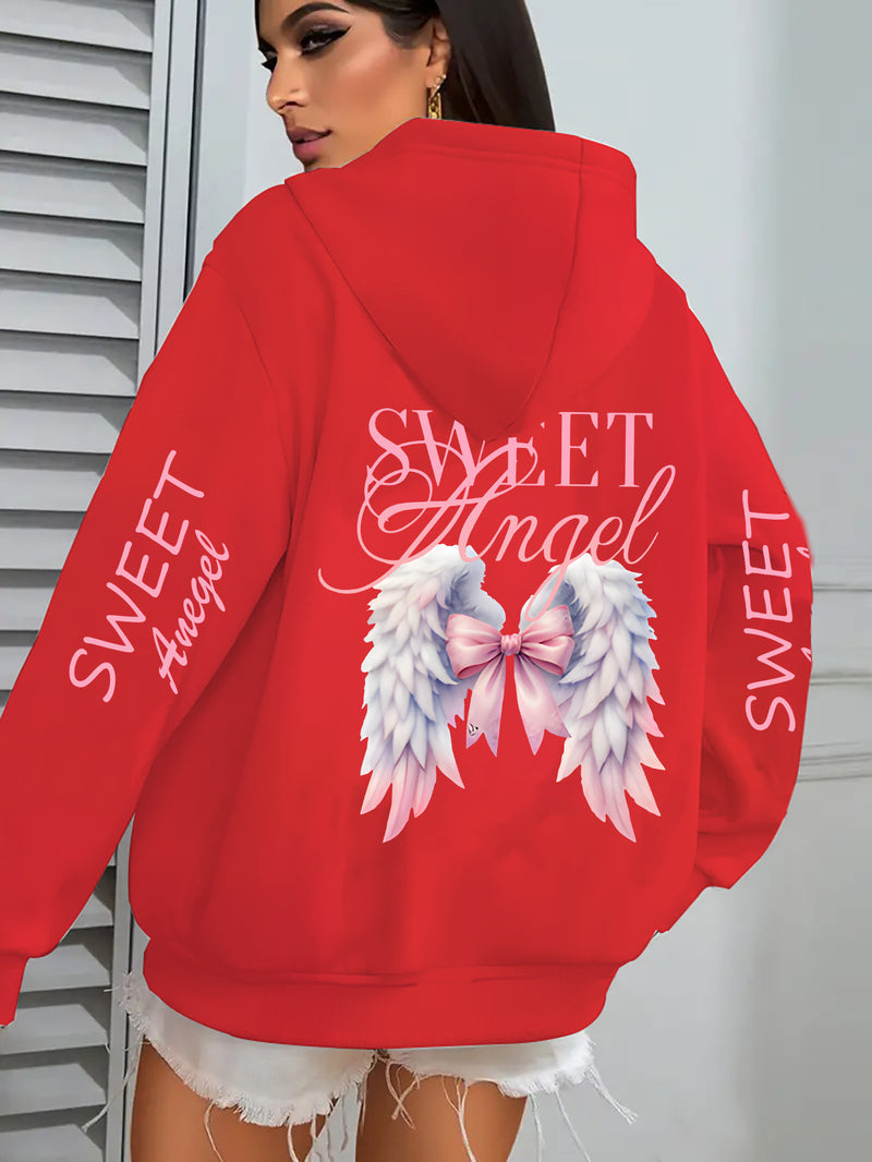 Women's Oversized Hoodie with Pink Wings & Angel Design.