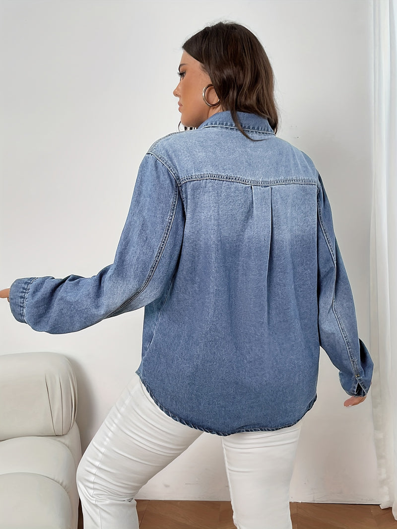 Women's Light Blue Denim Button-Up Shirt.