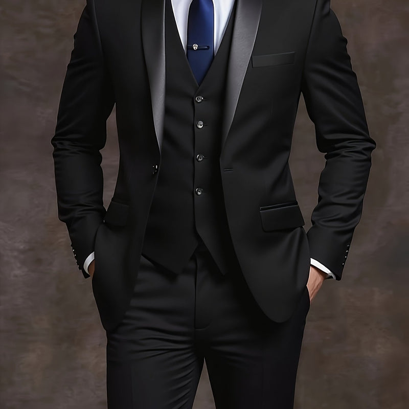Men's 3pcs Suit with Notch Lapel, Business Formal Set, Includes Jacket.