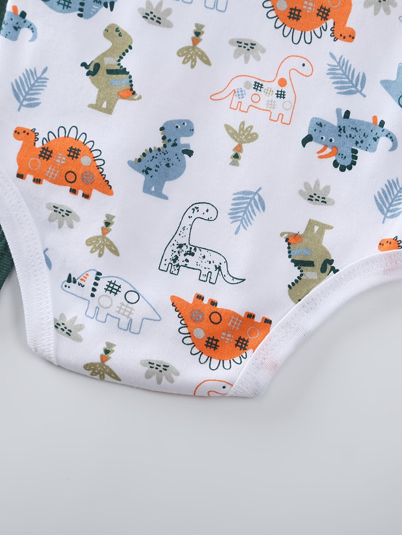 5pcs Baby Casual Triangle Bodysuit Set, Dinosaur  Short-Sleeved Jumpsuit.