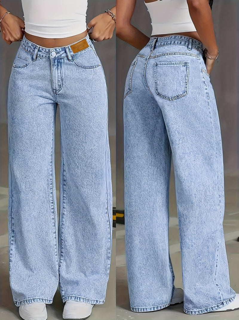 Women's Distressed Snowflake Washed Loose Straight-Leg Jeans.