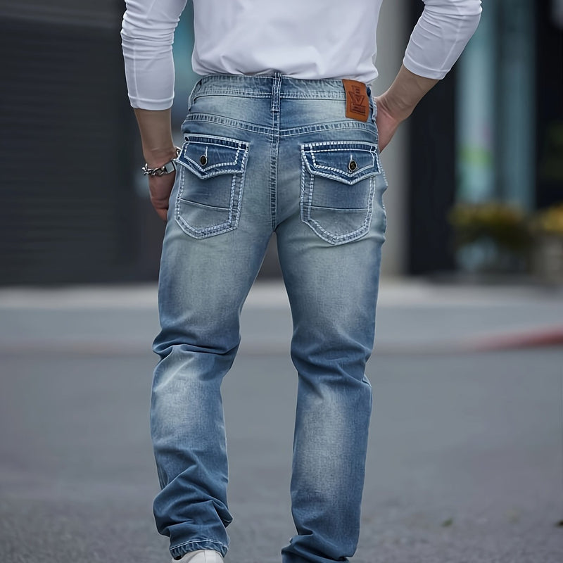 Men's Classic Embroidered Stretch Denim Jeans with Thick Lines.