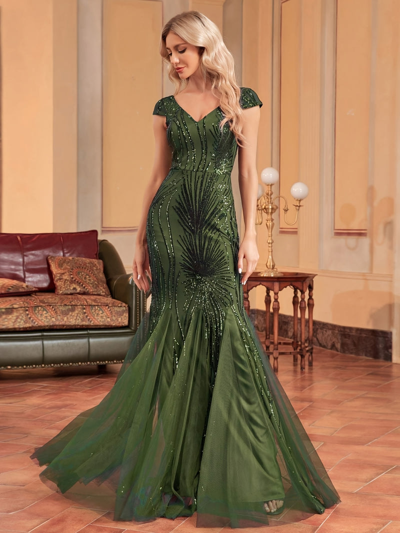 Women's Elegant Sexy Mesh Beaded & Floral Print Bodycon Mermaid Dress.