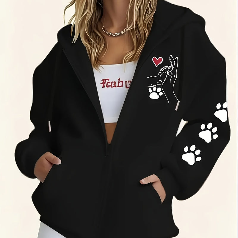 Women's Casual Zip-Up Hoodie with Printed Bear Paw Sleeve Design.