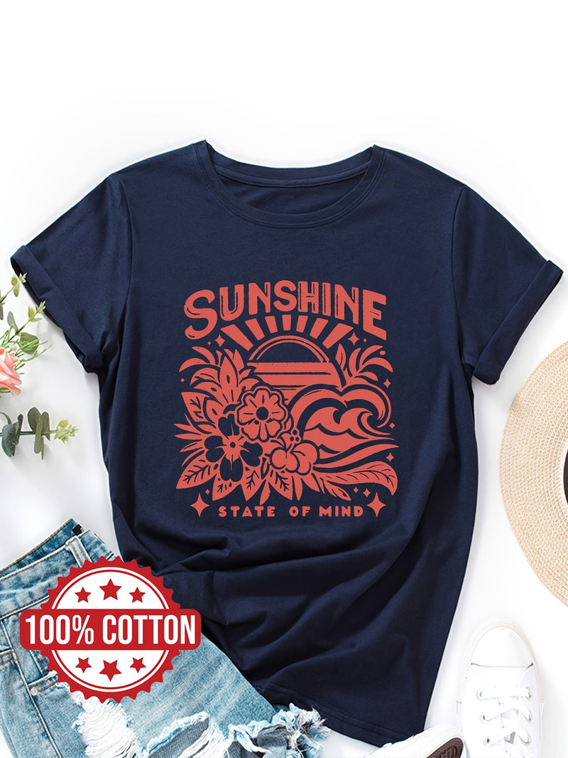 Women's Casual Crew Neck T-Shirt with "SUNSHINE" Graphic Print.