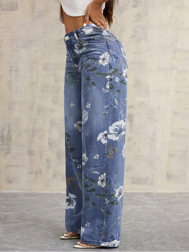 Vintage Floral Print Wide-leg Jeans for Women.