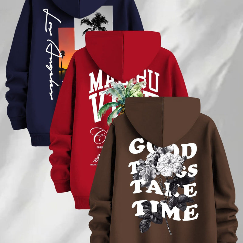 3pcs Trendy Print Sweatshirt, Men's Casual Hooded Sweatshirt.