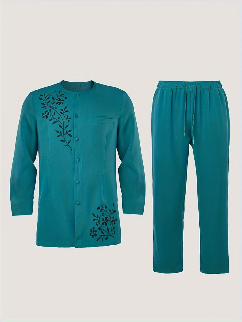 2pcs Men's Casual , Embroidery, Buttons, Pockets, Long-Sleeved Top.