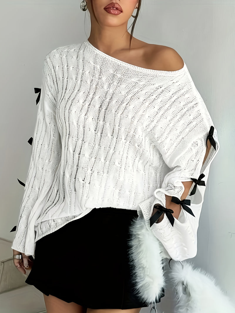 Women's Sexy Off-Shoulder Top with Long Sleeves & Butterfly Bow Accents.